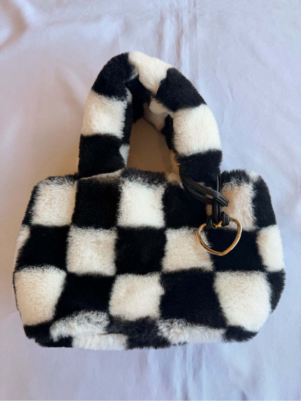 Claire's Black and White Checkerboard Faux Fur Mini Bag with Heart Charm